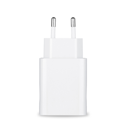 The power supply and the power supply protective case for the Pluslife Mini Dock are an elegant European plug adapter in white with two metal pins, which is ideal for operating electronic devices. It is presented upright against a plain white background, highlighting its elegant and minimalist design.