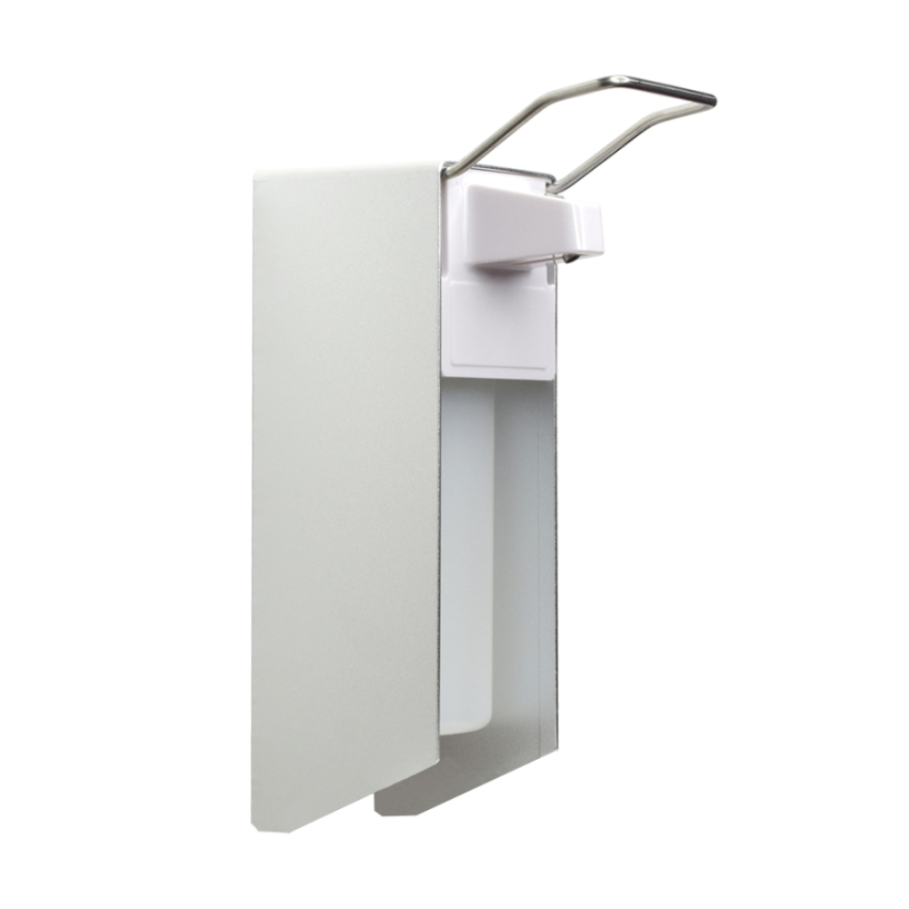 The NITRAS disinfectant dispenser with arm lever from MCD MEDICAL CARE DENTAL GmbH made of aluminum/plastic (silver/white) offers simple hygiene. Includes wall mounting, suitable for 500 ml bottles. Packaging: 1 piece.