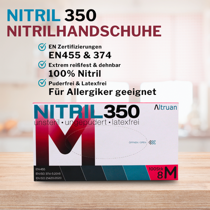 An advertisement for Altruan NITRIL350 disposable gloves showing a closed box of gloves labeled "Size 8m." The text highlights that the gloves are powder and latex-free.