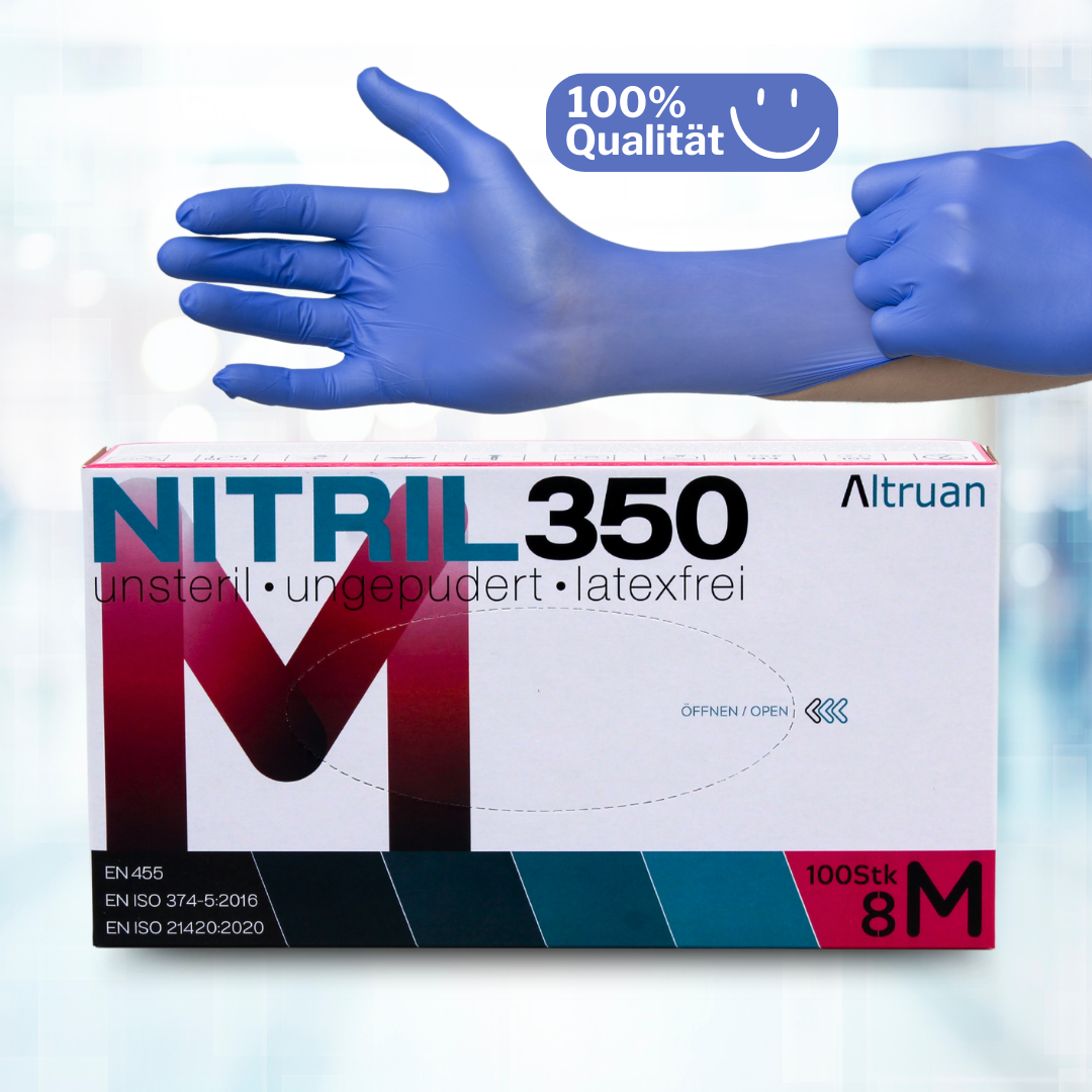 Bild einer Schachtel Nitril 350-Handschuhe von Altruan. Die Schachtel ist weiß mit rotem und schwarzem Text, was darauf hinweist, dass die Handschuhe unsteril, puderfrei und latexfrei sind. Eine Person, die einen blauen Handschuh trägt, ist zu sehen, wie sie ihn an ihrer Hand zurechtrückt. Ein „100 % Qualität“-Abzeichen ist vorhanden.