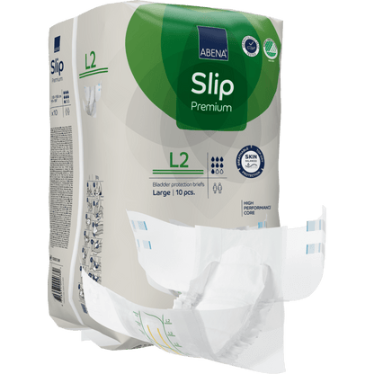 A pack of ABENA Slip Premium incontinence slips from Abena Re-Seller GmbH, size Large (L2), contains 10 pieces. A slip is partially removed from the pack to show its design and lining.