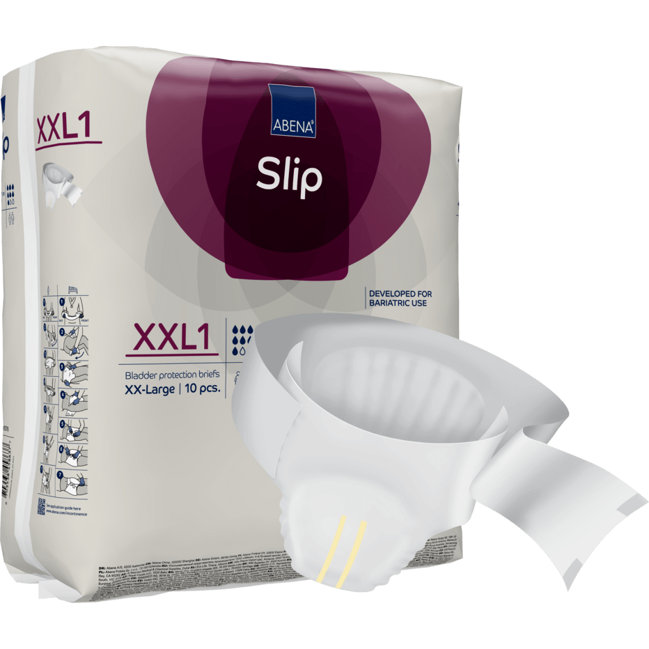 A package labeled "ABENA Slip Premium" from Abena Re-Seller GmbH shows a disposable incontinence slip for effective care, distinguished by its absorbent center, secure adhesive tabs, and design suitable for bariatric use.
