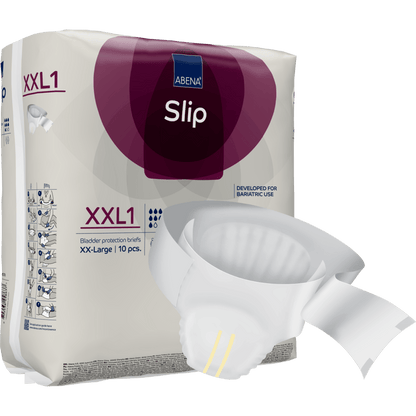 A package labeled "ABENA Slip Premium" from Abena Re-Seller GmbH shows a disposable incontinence slip for effective care, distinguished by its absorbent center, secure adhesive tabs, and design suitable for bariatric use.