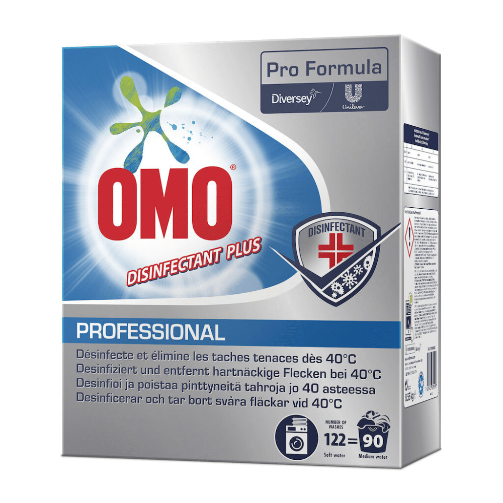 Displayed is a package of Omo Professional Disinfectant Plus, disinfectant detergent (8550 g) from Diversey Deutschland GmbH & Co. OHG. The packaging highlights the effectiveness in removing stubborn stains at 40 °C and includes the logos of Unilever and Diversey as well as instructions for use.