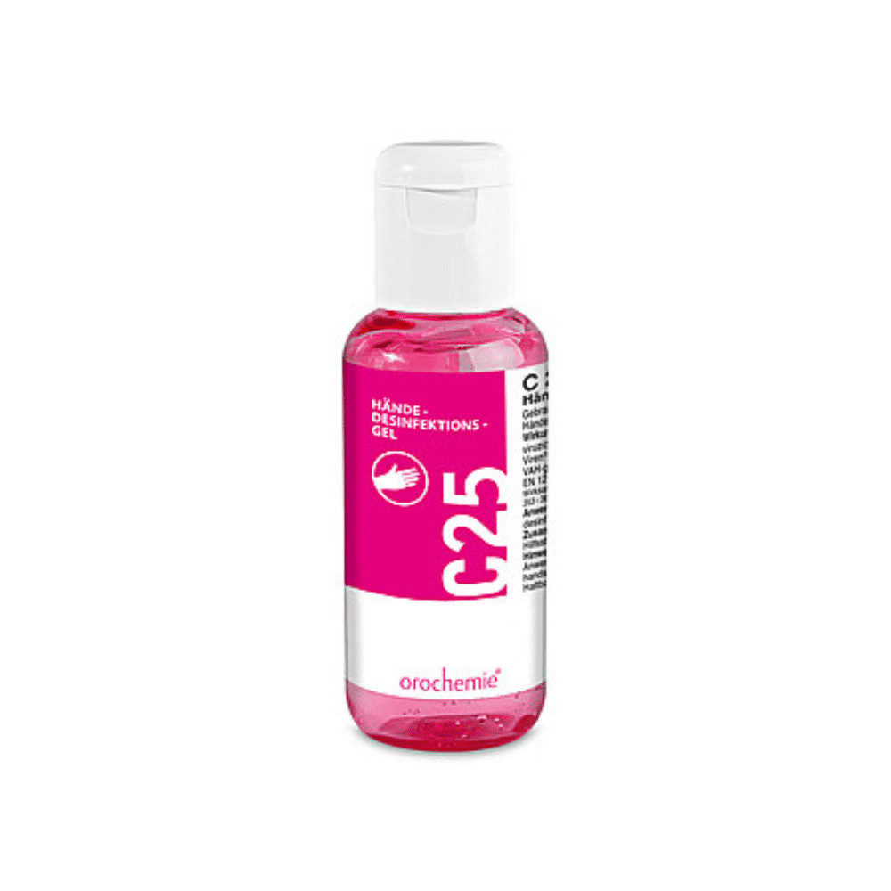 A small transparent 100 ml plastic bottle with a white cap and the label "Orochemie C 25 Hand Disinfection Gel" from orochemie GmbH + Co KG contains a pink gel for hygienic hand disinfection.