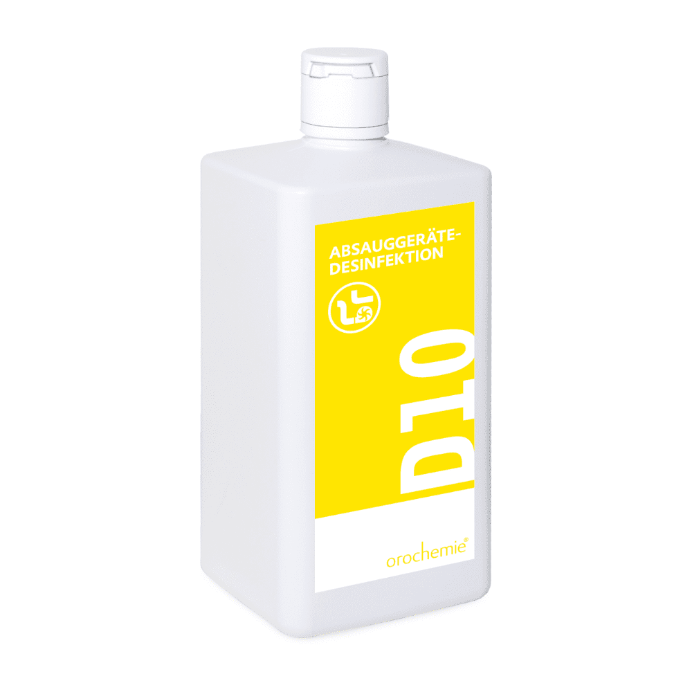 Orochemie D 10 suction device disinfection, also for inhalation devices (1 l bottle) by orochemie GmbH + Co KG: Aldehyde-free disinfectant in a white plastic bottle with a yellow "D10" label for suction and inhalation devices.