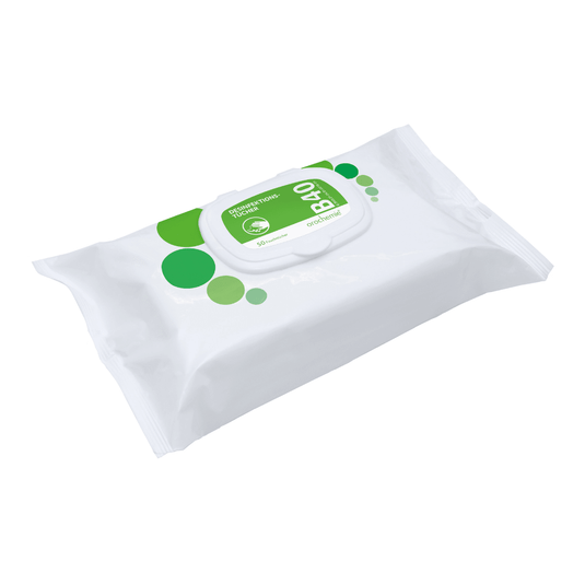 A package of Orochemie B 40 disinfectant wipes, ready to use, featuring a green label with the English word “refreshing” printed on a plain white background, specifically designed for rapid disinfection.