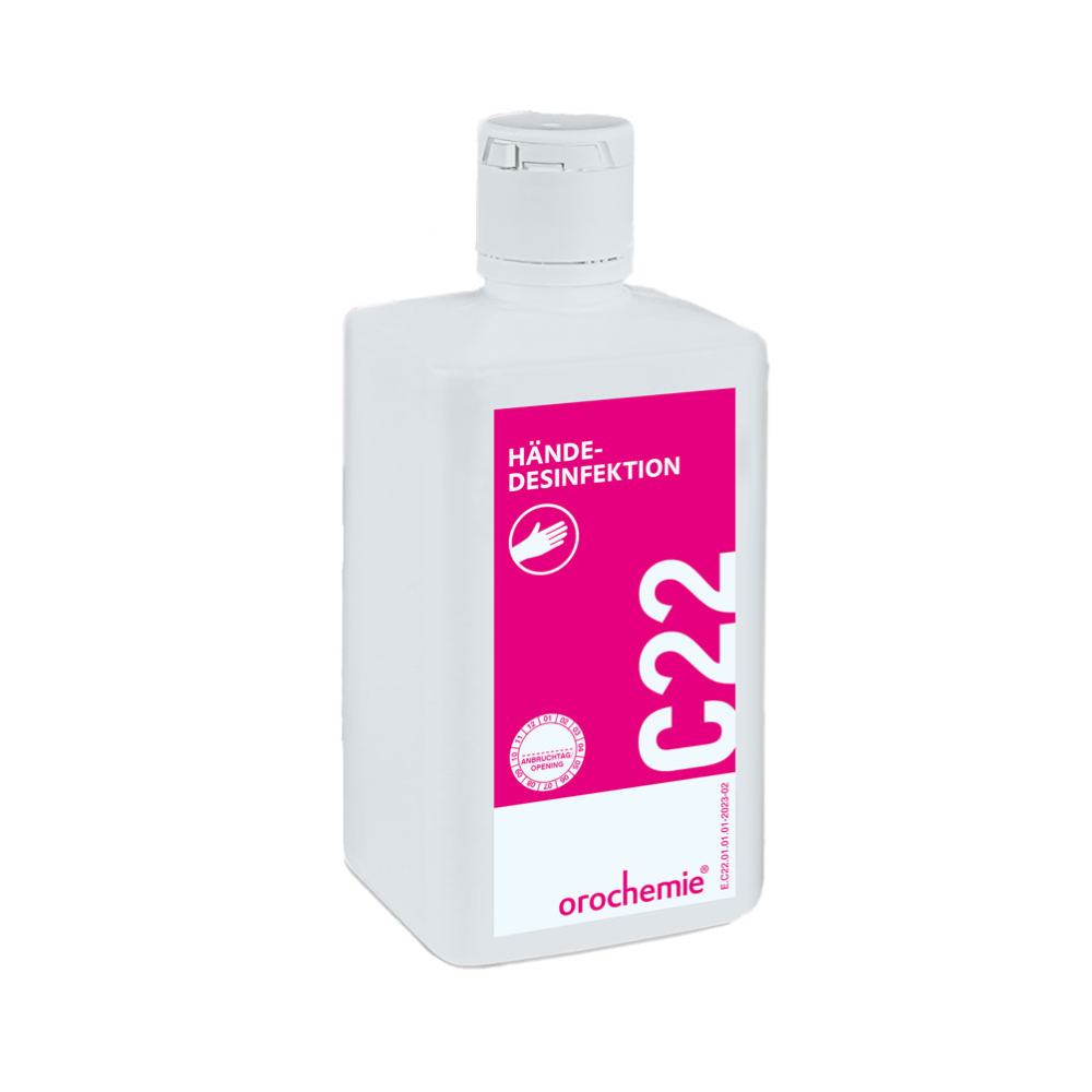 The 500 ml Orochemie C 22 hand disinfectant from orochemie GmbH + Co KG is a ready-to-use, alcoholic hand disinfectant in a white bottle with a pink label and screw cap, suitable for surgical hand disinfection.