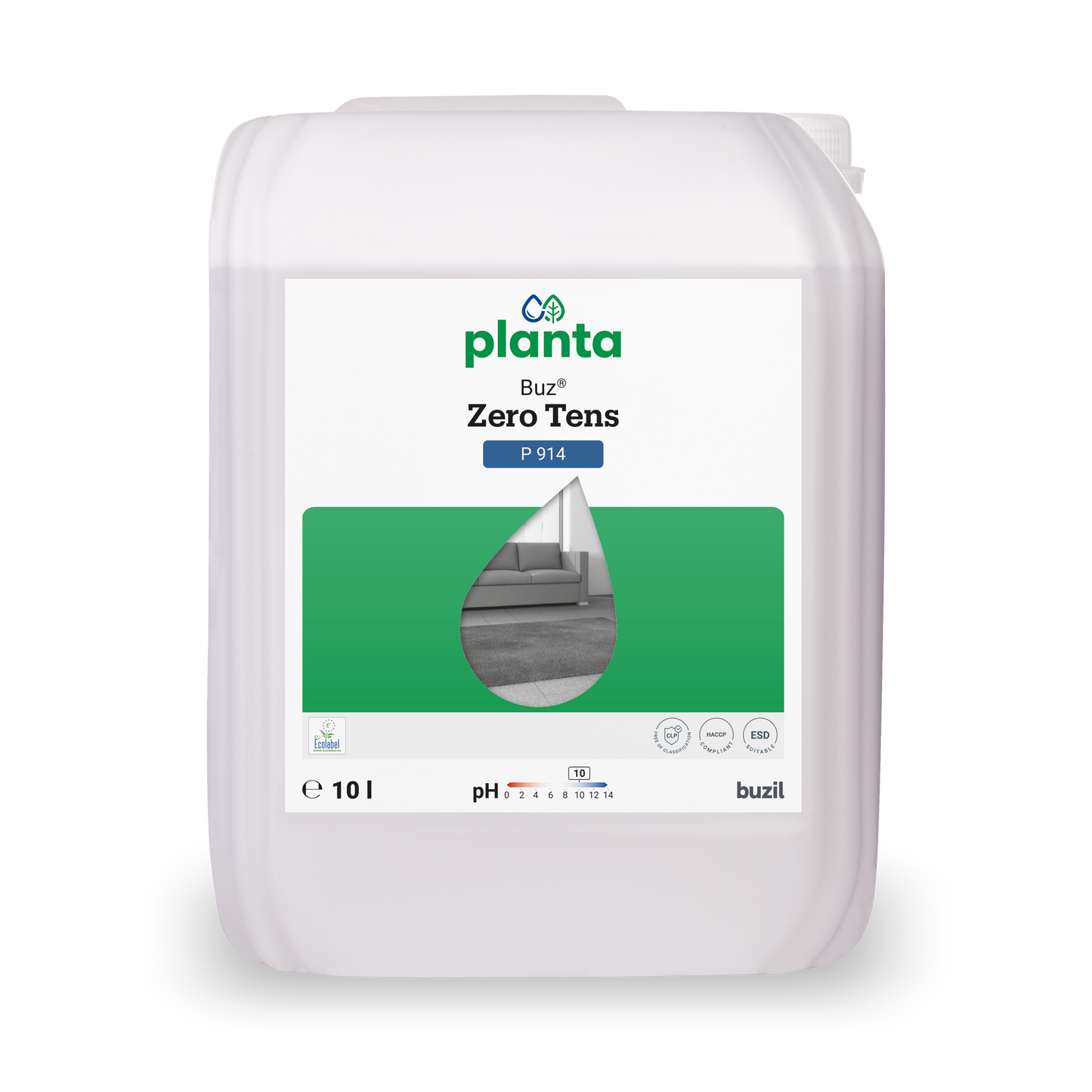 Ein weißer 10L Kunststoffbehälter mit der Aufschrift "Buz® Zero Tens Universalreiniger farblos" von BUZIL-WERK Wagner GmbH & Co. KG mit grünen Akzenten, Tröpfchengrafik, Reinigungssymbolen, pH-Wert 7,5-8,4 - ein wirksamer Universalreiniger für viele Anwendungen.