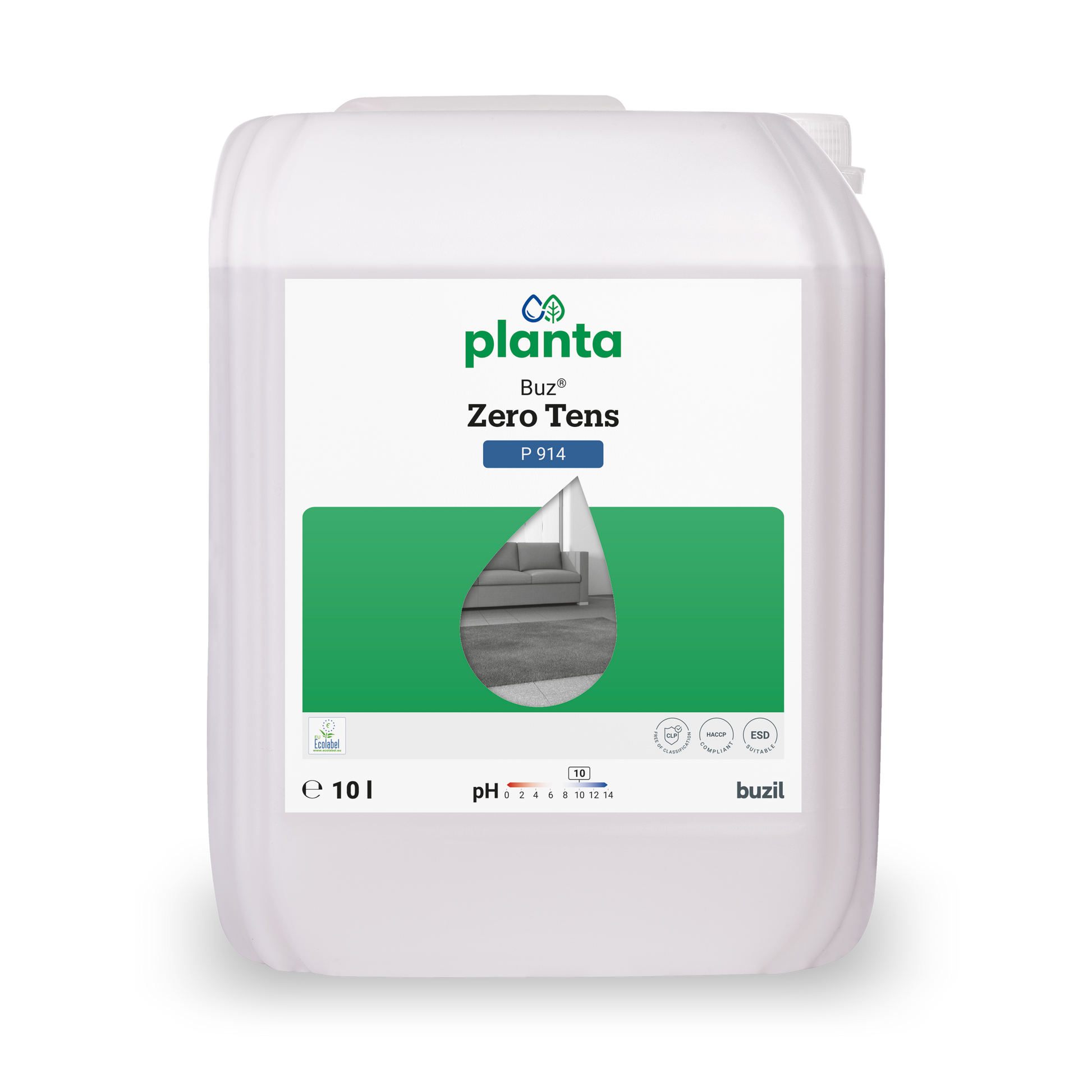 Ein weißer 10L Kunststoffbehälter mit der Aufschrift "Buz® Zero Tens Universalreiniger farblos" von BUZIL-WERK Wagner GmbH & Co. KG mit grünen Akzenten, Tröpfchengrafik, Reinigungssymbolen, pH-Wert 7,5-8,4 - ein wirksamer Universalreiniger für viele Anwendungen.
