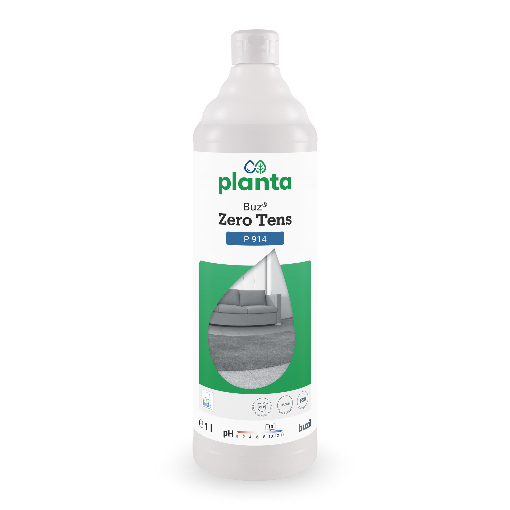 Eine weiße 1-Liter-Flasche des Buz® Zero Tens Universalreiniger farblos der BUZIL-WERK Wagner GmbH & Co. KG, mit grünem Etikett, auf dem ein graues Sofa und ein Teppich abgebildet sind, zeigt Angaben zur Marke und zum Reinigungsmittel.