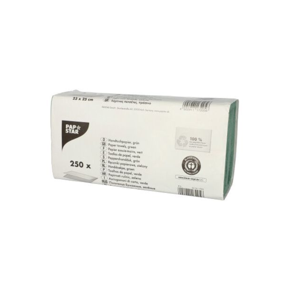 This set of 250 green, eco-friendly paper napkins from PAPSTAR GmbH made of recycled crepe paper measures 25 x 23 cm. The packaging presents product details and the iconic PAPSTAR logo and guarantees quality and sustainability with every use.