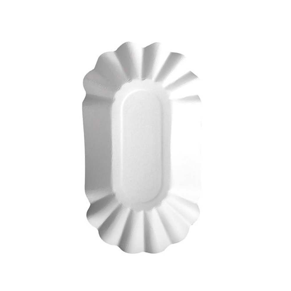 The PAPSTAR 250 bowls, cardboard "pure" oval white from PAPSTAR GmbH is a white, oval disposable paper bowl made from virgin fiber cardboard, depicted from above on a plain white background.
