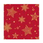 The PAPSTAR napkins “Christmas Shine” by PAPSTAR GmbH have a bright red background adorned with golden stars in various sizes. Some of the Christmas stars feature intricate patterns, while others are solid-colored, creating a dynamic mix of large and small stars scattered across the entire napkin design. Each pack contains 50 three-ply napkins, folded into quarters measuring 25 x 25 cm.