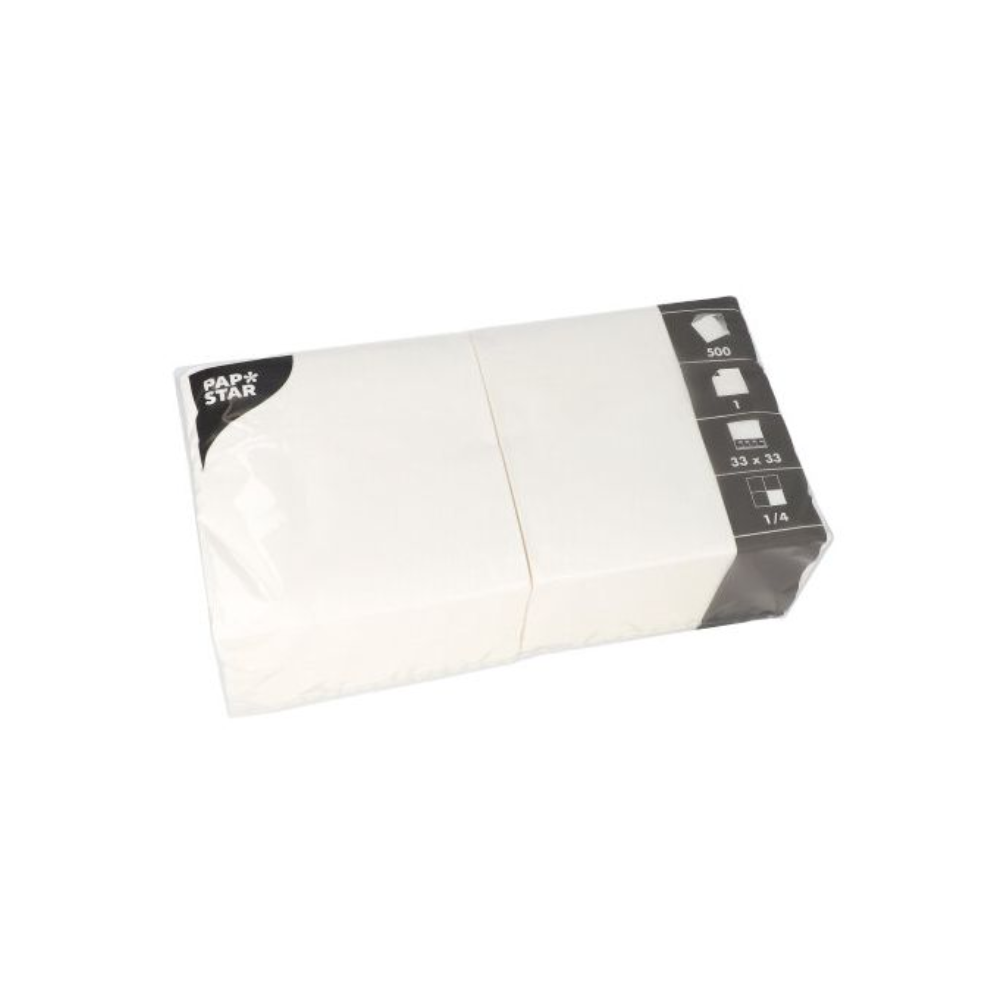 A pack of PAPSTAR napkins, ideal for catering applications, is packed in transparent plastic wrap. The side label states that they are 1/4 folded and measure 33 x 33 cm. A total of 500 napkins are supplied by PAPSTAR GmbH.