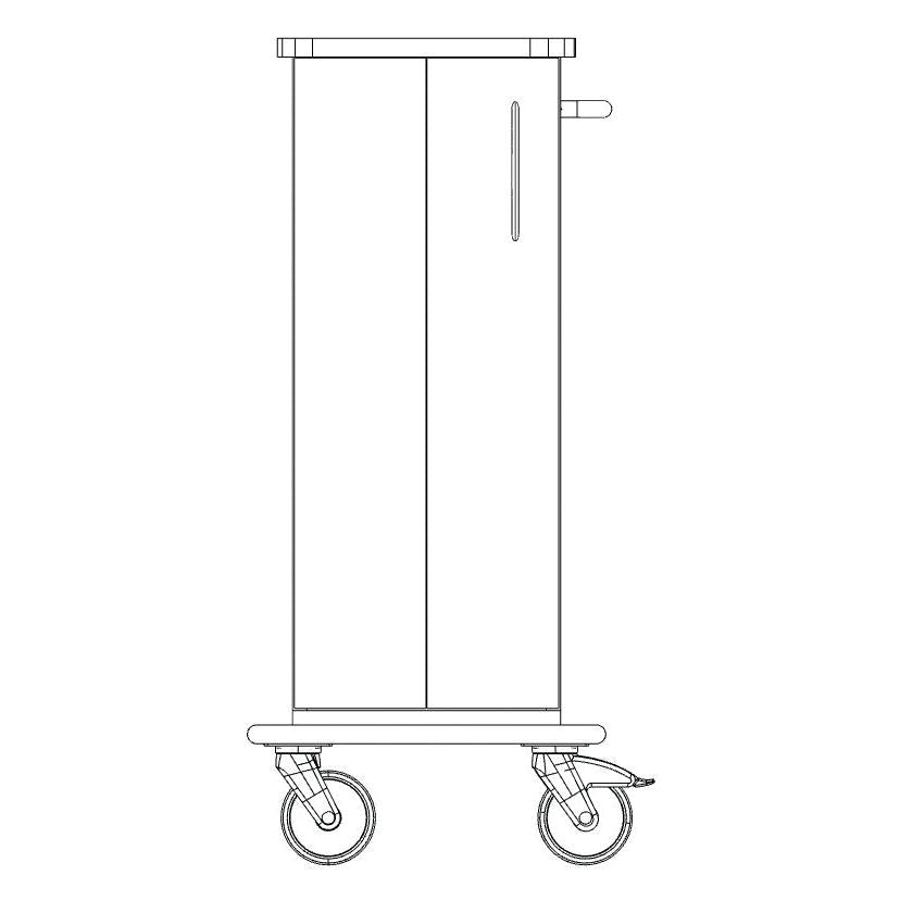 Frontansicht des Novocal Pflege- und Arbeitswagen Fahrgestells mit zwei großen Rädern, einem rechteckigen Gehäuse, einem vertikalen Seitengriff und einer durchgehenden Vollkunststoffplatte. Marke: Novocal.