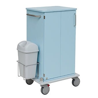 The Novocal care and work cart has a light blue metal frame with two doors, a side handle, large gray wheels on a full plastic platform, and an attached trash can. Pictured against a white background.