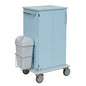 The Novocal care and work cart has a light blue metal frame with two doors, a side handle, large gray wheels on a full plastic platform, and an attached trash can. Pictured against a white background.