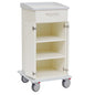 The Novocal care and work cart has a white design with four wheels, an upper drawer with a handle, a lower cabinet with two open doors revealing adjustable shelves, and a sturdy solid plastic top.