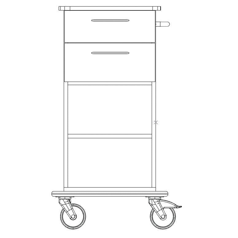 Black-and-white line drawing of the Novocal care and work cart with two drawers, a side handle, large front wheels, smaller rear wheels, and an open shelf underneath - the device also serves as wall protection.