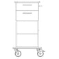 Black-and-white line drawing of the Novocal care and work cart with two drawers, a side handle, large front wheels, smaller rear wheels, and an open shelf underneath - the device also serves as wall protection.