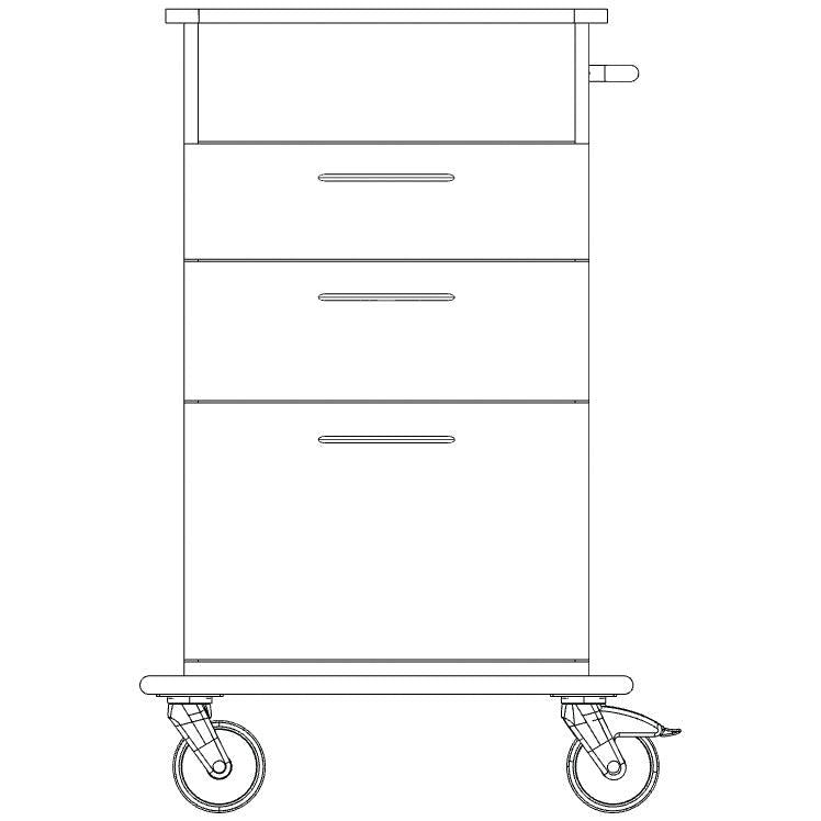 Line drawing of a Novocal care and work cart chassis consisting of a continuous solid plastic plate, with three drawers, a flat storage surface, a right handle, and two large wheels at the bottom.