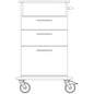 Line drawing of a Novocal care and work cart chassis consisting of a continuous solid plastic plate, with three drawers, a flat storage surface, a right handle, and two large wheels at the bottom.