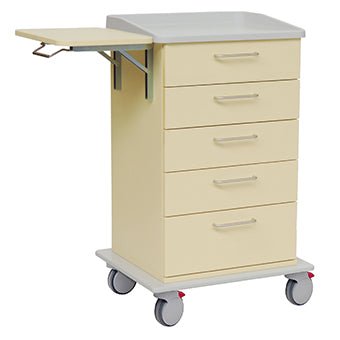 The Novocal care and work cart is painted beige, has five drawers, a gray top, a pull-out side shelf, and a full plastic chassis with four wheels - two of them with red brake levers for more stability.