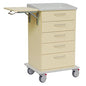 The Novocal care and work cart is painted beige, has five drawers, a gray top, a pull-out side shelf, and a full plastic chassis with four wheels - two of them with red brake levers for more stability.