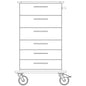 Front view line drawing of the Novocal care and work cart chassis with five horizontal drawers and two large wheels at the bottom. Brand: Novocal. Package (1 piece).