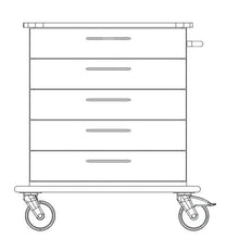 Vorderansicht Strichzeichnung des Novocal Pflege- und Arbeitswagen Fahrgestell mit vier Schubladen, Griffen an jeder Schublade, zwei großen Vorderrädern und zwei kleineren Hinterrädern. Marke: Novocal. Packung: 1 Stück.