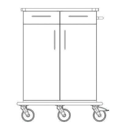 Eine Strichzeichnung des Novocal Pflege- und Arbeitswagen Fahrgestells von Novocal zeigt einen Rollwagen mit zwei großen Türen, zwei Schubladen, einem Griff auf der rechten Seite und vier Lenkrollen - ideal für die Lagerung oder den Transport.