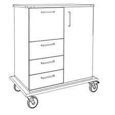 Line drawing of the Novocal care and work trolley: on the left three drawers, on the right a single-door cabinet, robust full plastic plate and four swivel casters. Brand: Novocal. Package (1 piece).