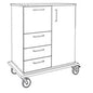 Line drawing of the Novocal care and work trolley: on the left three drawers, on the right a single-door cabinet, robust full plastic plate and four swivel casters. Brand: Novocal. Package (1 piece).