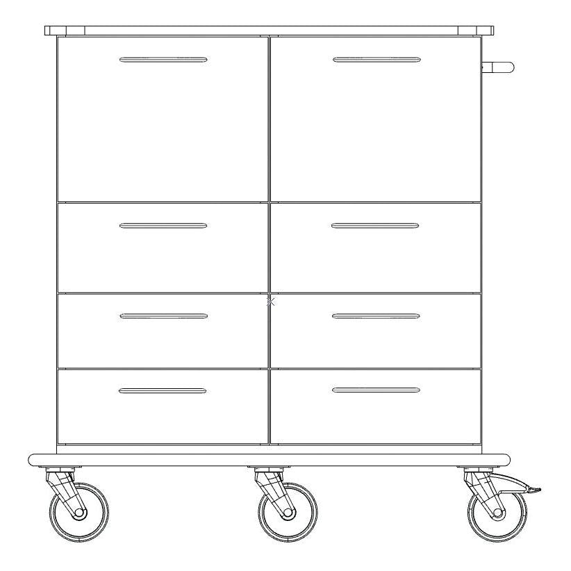 Line drawing of a Novocal care and work cart with eight drawers, four large wheels, horizontal handles, a right handle bar, and a durable full plastic plate for versatile use. Brand: Novocal.