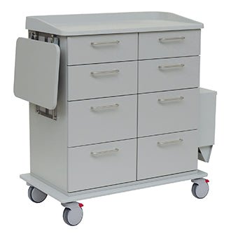 The Novocal care and work trolley is equipped with durable full plastic, eight drawers, a fold-out side shelf, a side compartment, and four castors (two with red brakes) - ideal for the efficient storage of medical materials.