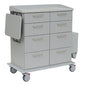The Novocal care and work trolley is equipped with durable full plastic, eight drawers, a fold-out side shelf, a side compartment, and four castors (two with red brakes) - ideal for the efficient storage of medical materials.