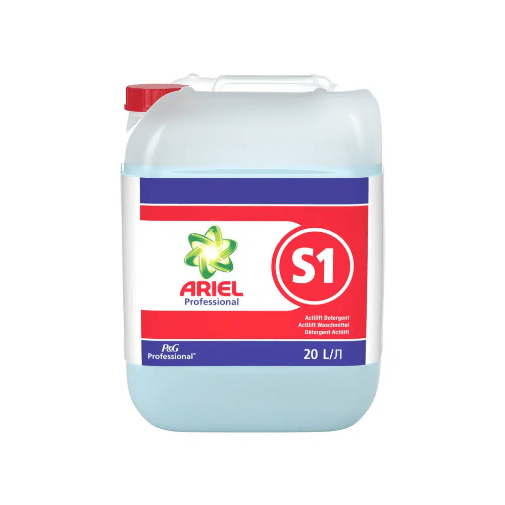 A 20-liter container labeled "P&G PROFESSIONAL ARIEL S1 Actilift Detergent" from DR.SCHNELL GmbH & Co. KGaA contains blue liquid detergent, ideal for professional laundry. The design is in red, white, and blue colors and has a red lid.