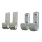 On the left simple metal hooks, on the right two Novocal planetary hooks made of stainless steel: white, round, each with two mounting holes. Packaging contains 2 pieces per set.