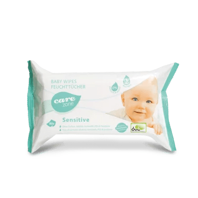 A pack of Dr. Schumacher CAREZONE BABYWIPES SENSITIVE (80 wipes) from Dr. Schumacher GmbH with white and blue-green design, a smiling baby face, and bilingual text in German and English, ideal for sensitive baby skin.
