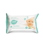 A pack of Dr. Schumacher CAREZONE BABYWIPES SENSITIVE (80 wipes) from Dr. Schumacher GmbH with white and blue-green design, a smiling baby face, and bilingual text in German and English, ideal for sensitive baby skin.