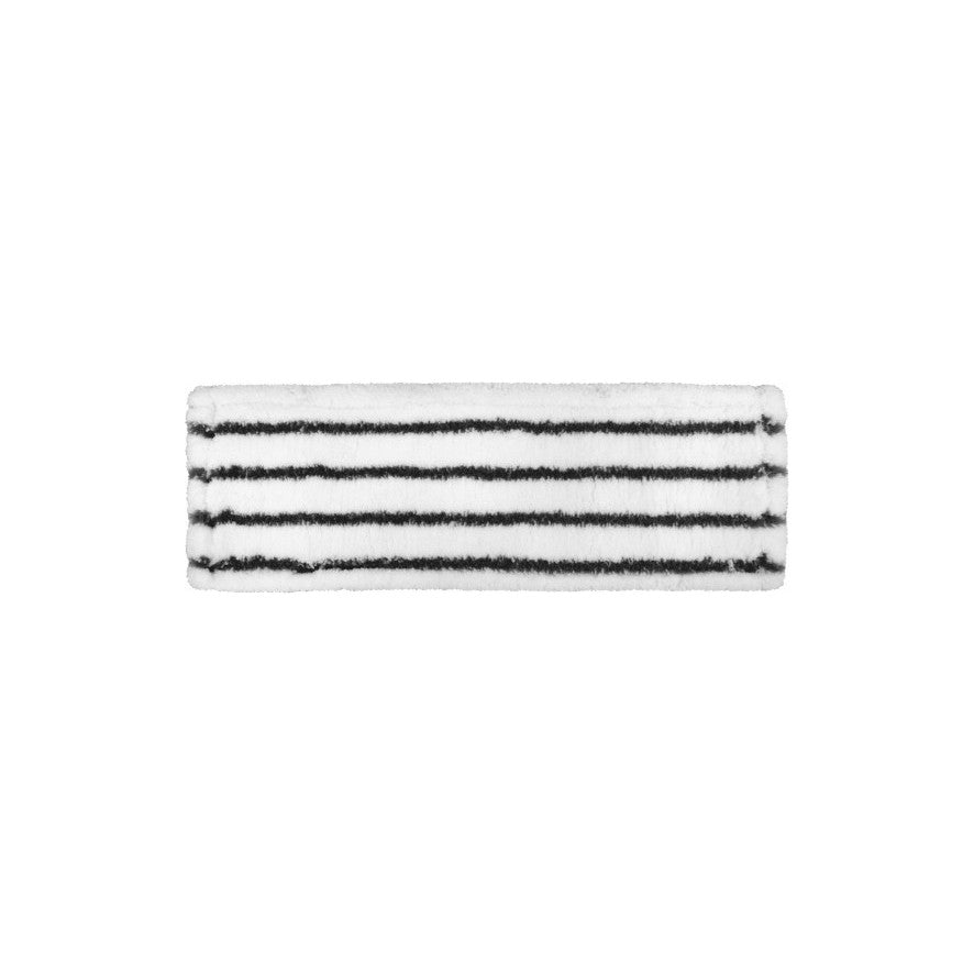 The Arcora EXCELLENT HARD MOPP GRAY-WHITE from Arcora International GmbH is a rectangular mop pad in gray-white with five black stripes - ideal for effective cleaning of hard floors. Pictured on a white background.