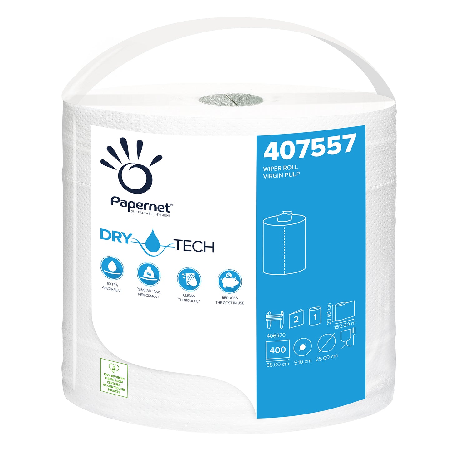 A roll Papernet of industrial paper roll 407557 from Sofidel Germany GmbH is characterized by the "Dry Tech Technology" on the packaging. It is equipped with recycling symbols and contains 400 sheets, ensuring efficiency and sustainability. The white roll measures 380 cm x 51.0 cm x 25.0 cm, making it an ideal choice for industrial use.