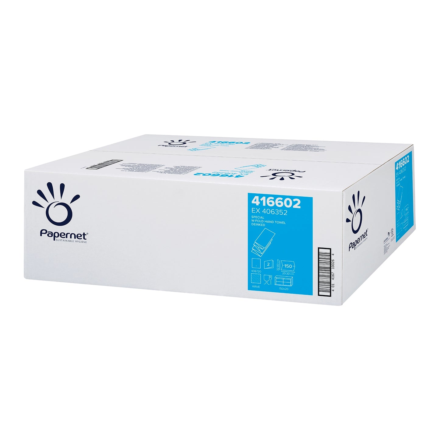 A large white box with the logo of Sofidel Germany GmbH and the product number 416602 is used for the transport of Papernet paper towels. The box contains illustrations with detailed product information that highlight the effectiveness of the product in efficient hand drying while considering environmental impacts.