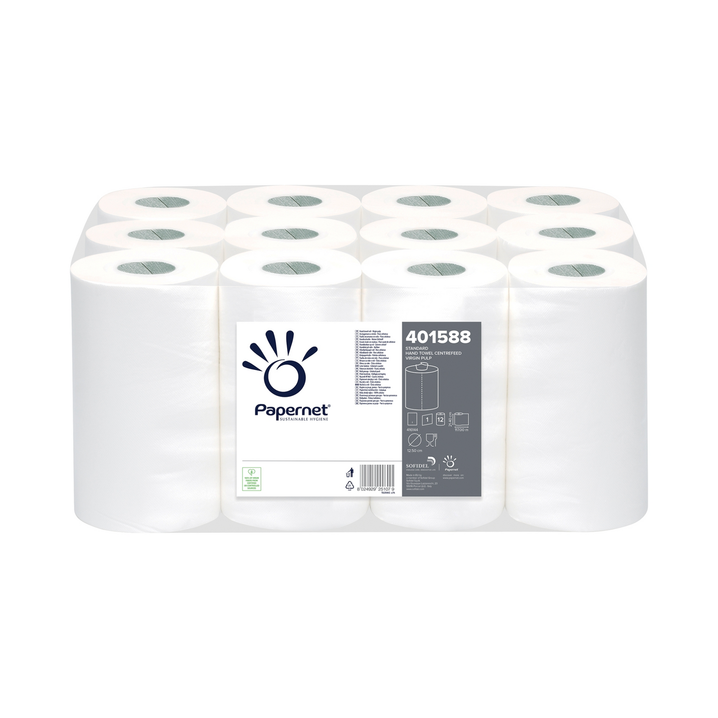 A package of Papernet centrefeed hand towel rolls from Sofidel Germany GmbH contains 12 white, cylindrical rolls, wrapped in transparent plastic. These rolls are designed for gentle internal unwinding. The label includes product details such as a barcode and the item number 401588.