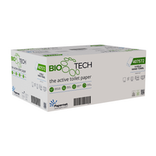 A white cardboard box with Papernet folding towels featuring Bio Tech Technology 407572 from Sofidel Germany GmbH shows green-black text, brand logos, and a barcode. On the front, "The active toilet paper" is prominently displayed as a revolution in hygiene solutions.