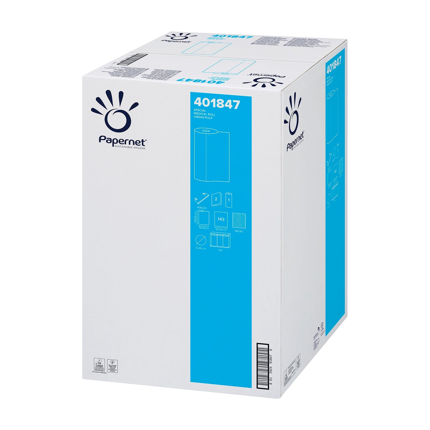 A large white box with blue accents displays the logo of Sofidel Germany GmbH and the product number 401847. The packaging, adorned with images and descriptions, reveals its contents: Papernet Examination Table Cover Doctor's Roll, a 2-ply paper product made of cellulose, perfectly suited for applications such as medical couch covers or examination table covers. Each carton contains 9 rolls.