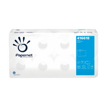 Displayed is a package of Papernet toilet paper from Sofidel Germany GmbH, which contains eight 2-ply rolls. The predominantly white packaging features a blue accent, as well as the Papernet logo and the product number 416618.