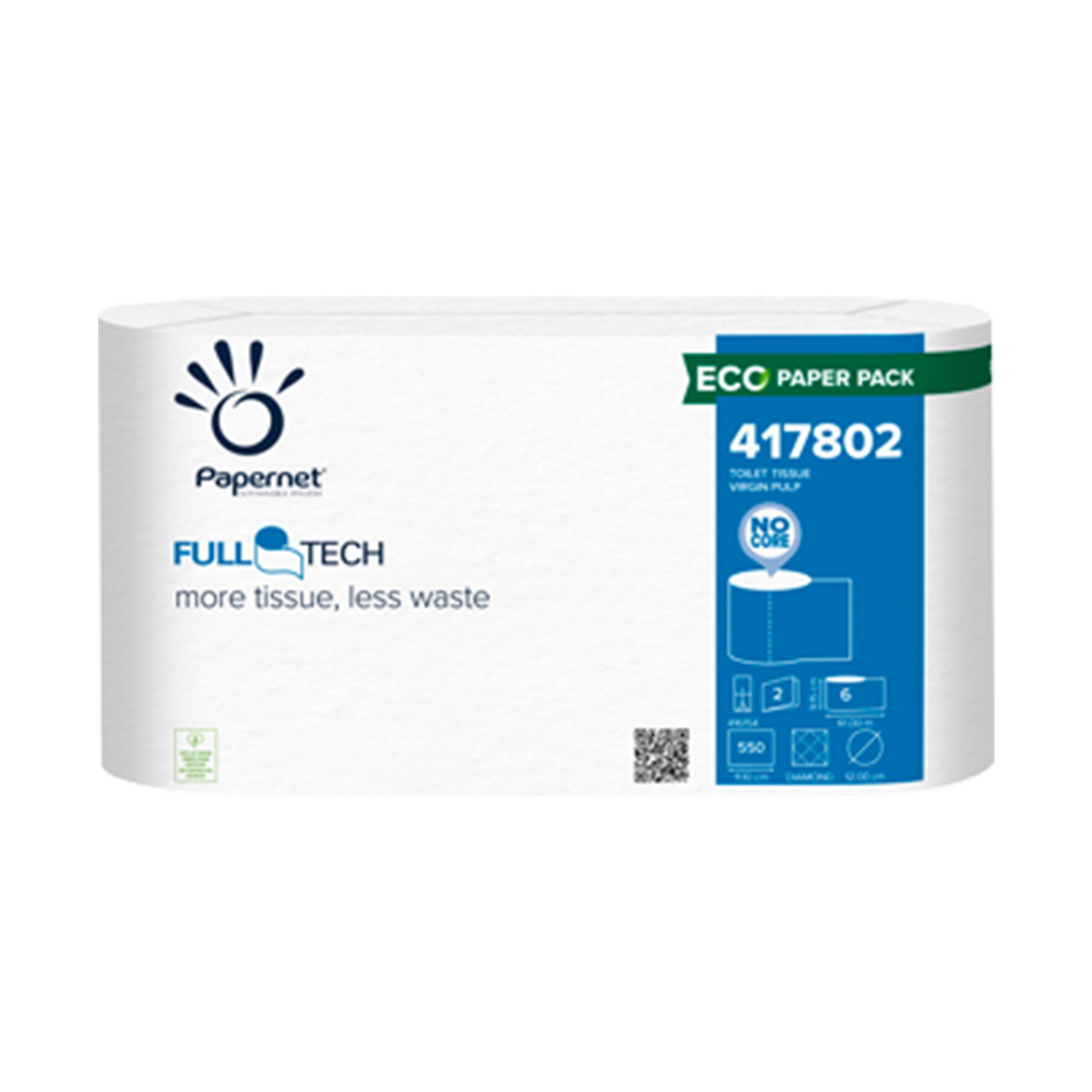 A pack of Papernet toilet paper with Full Tech technology from Sofidel Germany GmbH. The predominantly white packaging contains blue details, product information, and the code 417802. It features an environmental symbol and a QR code, emphasizing the innovative antibacterial packaging.