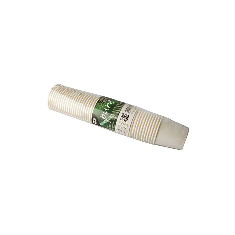 A stack of brown disposable cups made of cardboard from PAPSTAR GmbH, ideal for coffee on the go, packaged in plastic. The green label contains text and a barcode. These FSC-certified and biodegradable cups, known as PAPSTAR Drinking Cups Cardboard 0.1 l Ø 6 cm brown, are a practical choice for parties or use on the go.